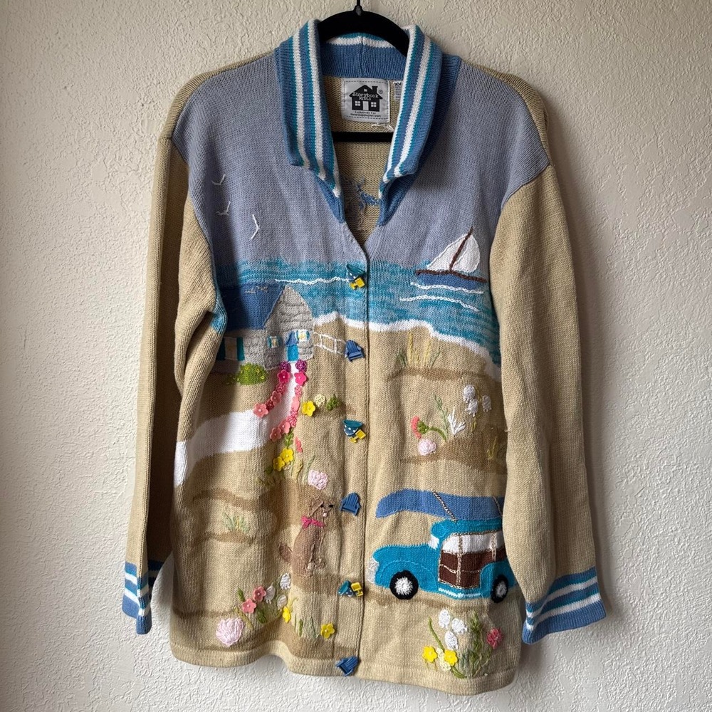 Vintage novelty sweater by Storybook Knits with embroidered beach scene